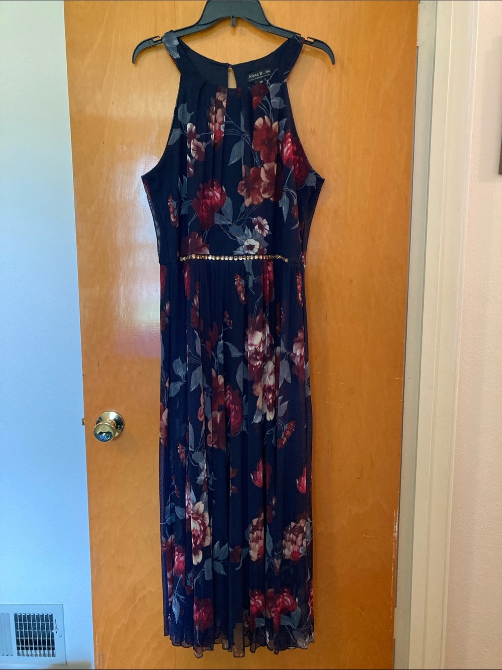 Alexa B Nites Navy Floral Halter Maxi Dress with Red Accents
